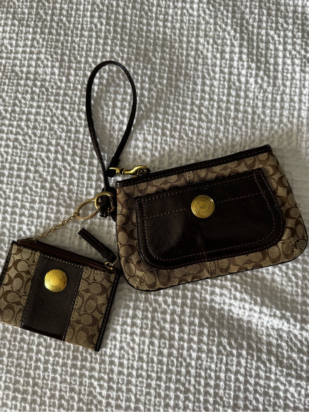 Coach Brown Signature Canvas Wristlet with Gold Hardware